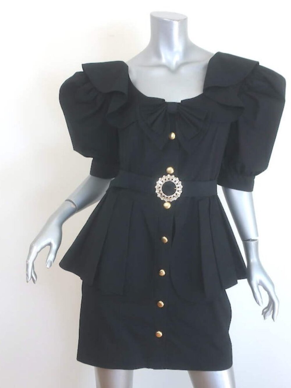 Alessandra Rich Bow-Detailed Crystal Buckle Peplum Mini Dress Black Size 44
